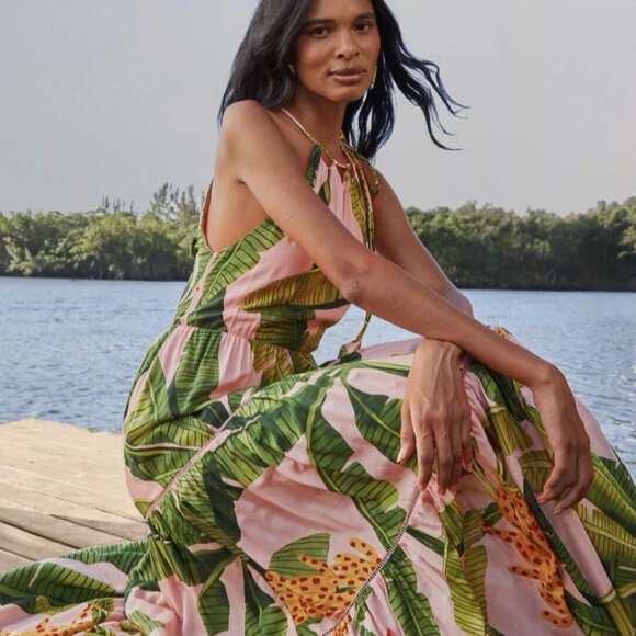 NEW! $295 FARM RIO BANANA LEAVES Pink Sleeveless MAXI DRESS Size M 8 10 - Picture 4 of 9